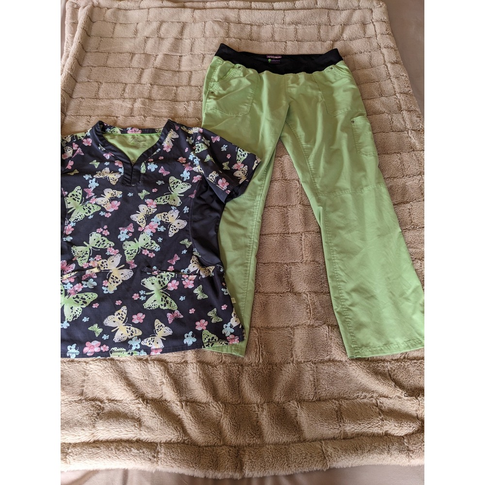 Healing Hands Premiere Scrub Set Large Butterfly Print Top Green Cargo Pants